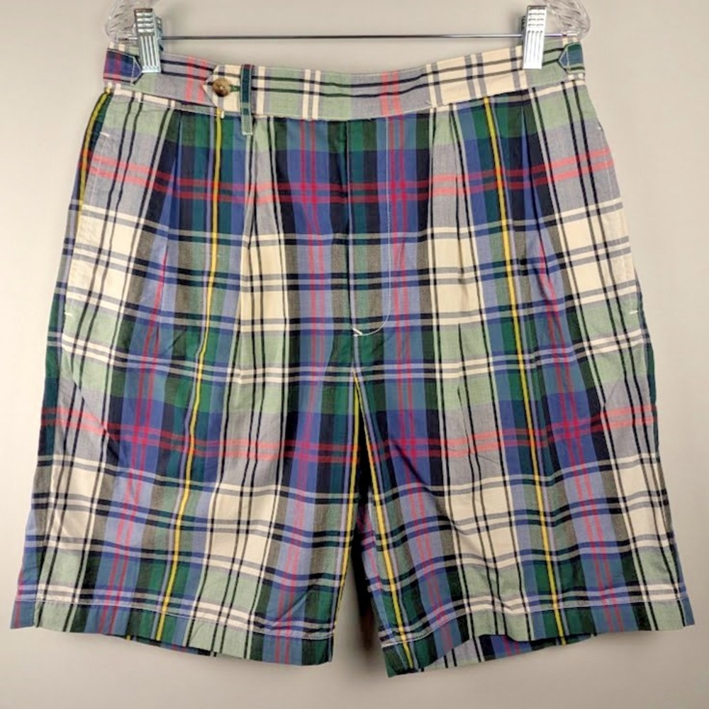 VTG Tommy Hilfiger Plaid High Rise Pleated Shorts Mens 35 Crest Logo